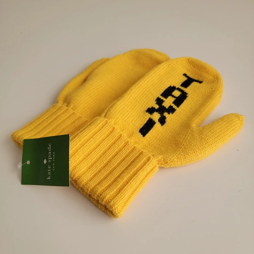 Kate Spade Metallic‎ Taxi Mittens Yellow Black Big Apple Wool Blend Original Box